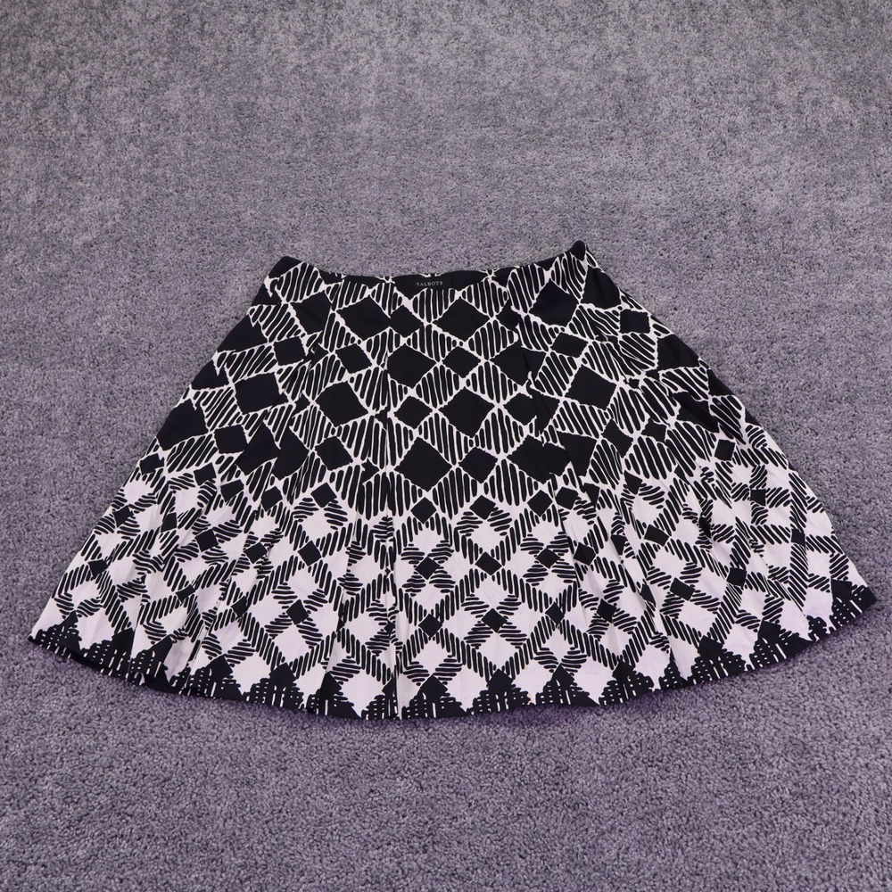 Talbots A-Line Skirt Womens 12 Black White Geometric Diamond Print Cotton Blend